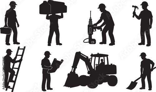 Construction workers silhouette set with tools machinery ladder excavator, builder labor industry vector illustration