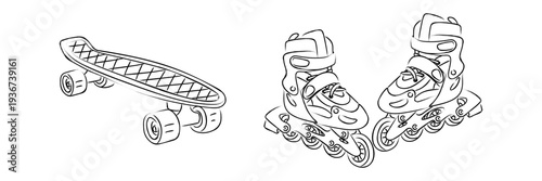 Skateboard and inline roller skates isolated on white background. Flat contour grunge illustration for extreme sport posters, urban transport banners, healthy lifestyle graphics or city activity icons