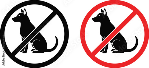 Prohibition signs with dog silhouette and diagonal line in black and red variations, symbolizing restriction, rules, pet control, no dogs allowed, and safety regulation concepts.