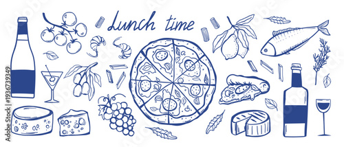 Italian food: pizza, spaghetti, various cheeses and wine set in doodle style, Seafood delicacies shrimps and mussels, Villa in the garden Hand drawn elements in Italian lunch style