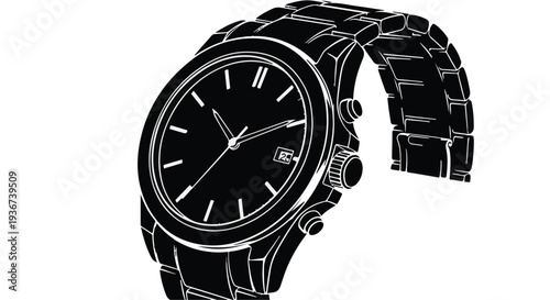 A luxury silver metal wristwatch with a chrome steel dial and minute hand is isolated on a black background as a precise time instrument for men