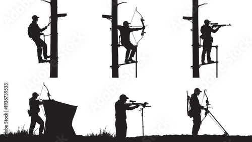 Hunter silhouettes set, bow hunting deer stand rifle shooting archery hunting isolated black vector collection