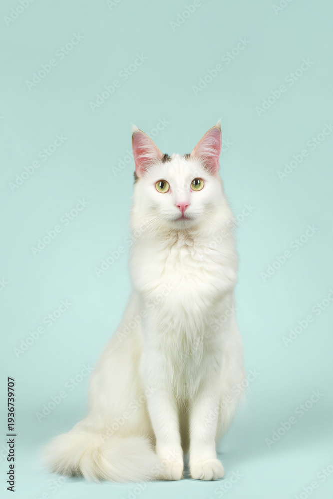 Obraz premium White cat sitting calmly in front of light blue background during indoor photo shoot session