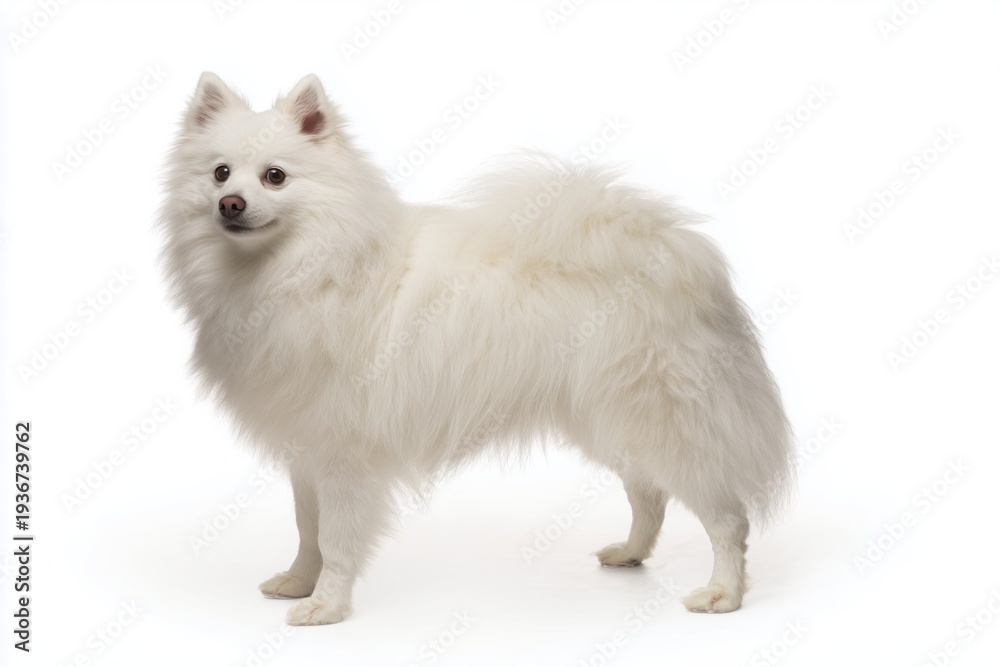 Fototapeta premium White fluffy American Eskimo dog stands and looks at the camera in a bright studio setting with white background and good lighting