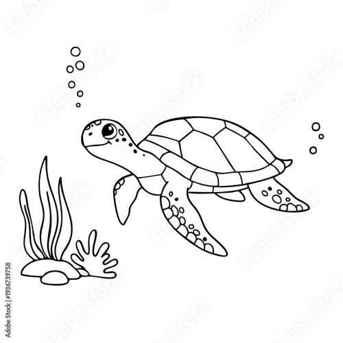 A minimalist vector illustration of a sea turtle swimming underwater with seaweed and bubbles