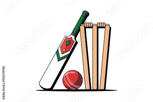 Cricket cricket bat icon illustration with ball and wickets