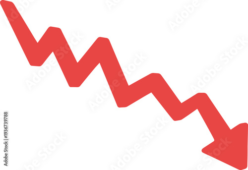 Red zigzag downward arrow icon symbolizing decline, decrease, drop in value, financial loss, economic downturn, negative trend, recession, and falling performance metrics.