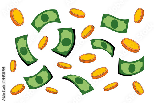 A money illustration of green bills and gold coins falling down
