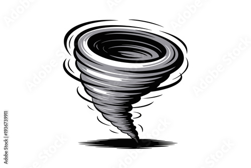 A black and white illustration of a swirling tornado icon