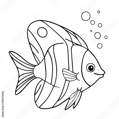A minimalist vector illustration of a fish swimming in water with bubbles