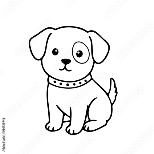 A cute cartoon dog sitting and looking up with a collar around its neck