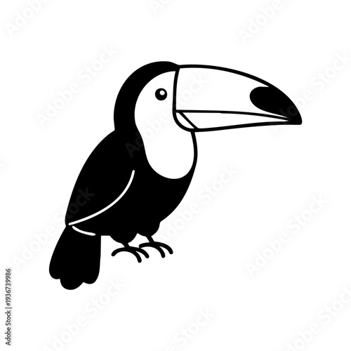 A minimalist black and white illustration of a toucan bird in a simple, flat design style