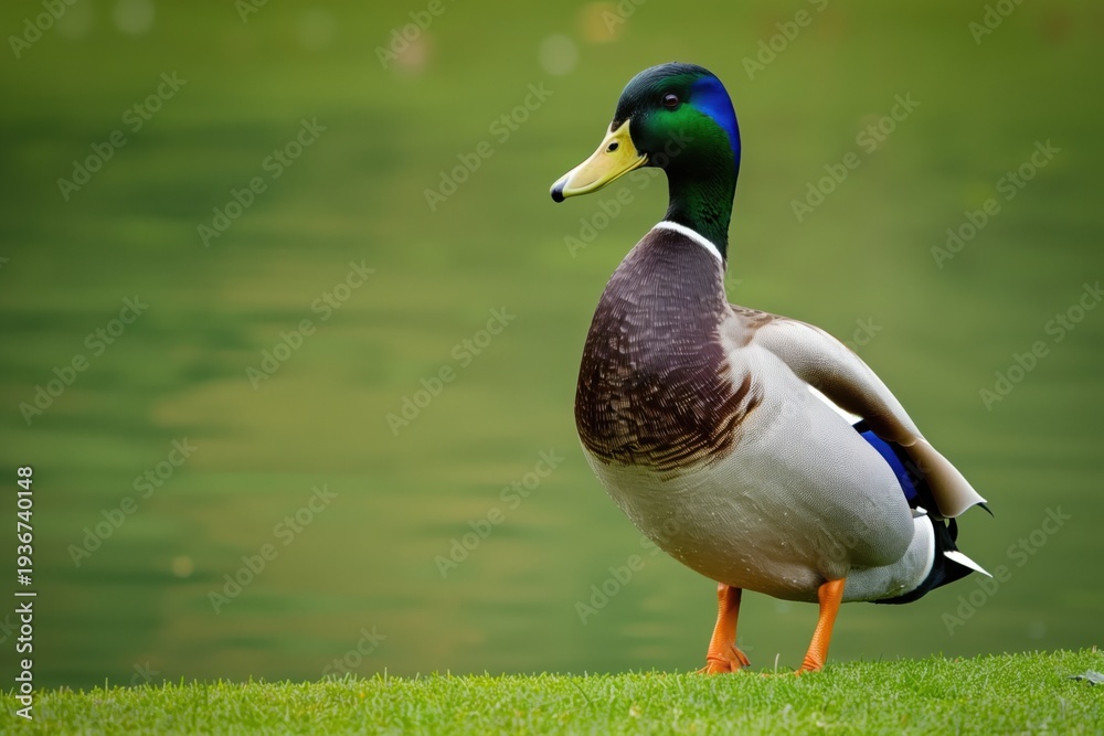 Obraz premium Mallard duck standing on the grass near a body of water in a park on a sunny day