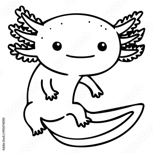 A cute cartoon axolotl with a smile and feathery gills in a simple line art style