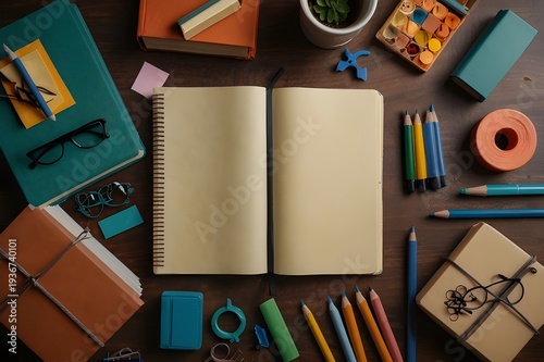 Education background concept, overhead shot books and stationery, clean copy space
