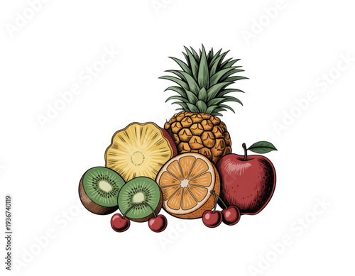 Assorted fresh tropical and temperate fruits arranged in a colorful display isolated on transparent background