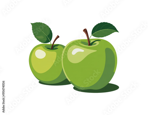 Two fresh green apples with vibrant leaves resting side by side on a plain background. isolated on transparent background