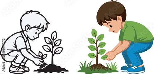 Little boy planting young tree illustration set, kids gardening activity environmental education nature care concept