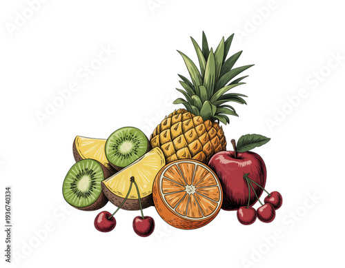 Assorted tropical fruits arranged in a colorful and appetizing display isolated on transparent background