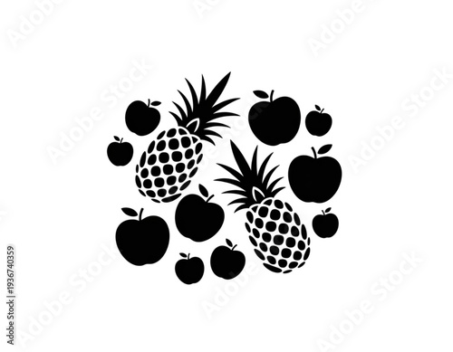 Assorted black and white illustration of various tropical and temperate fruits isolated on transparent background