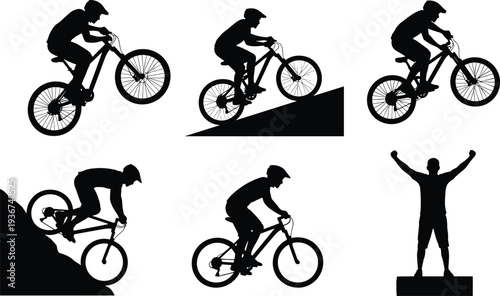Mountain biker silhouette set cycling athlete riding bike on trail jumping climbing downhill action sport isolated vector illustration collection
