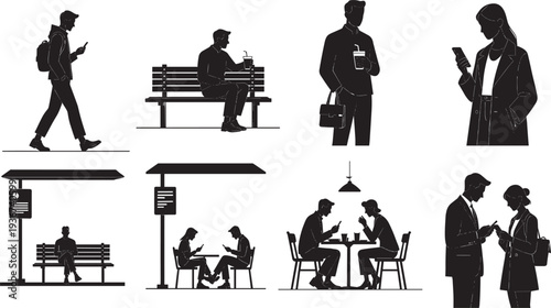 People using smartphones silhouettes in city life, social media communication lifestyle vector collection isolated