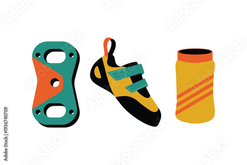 Climbing equipment icon set including shoe and bottle