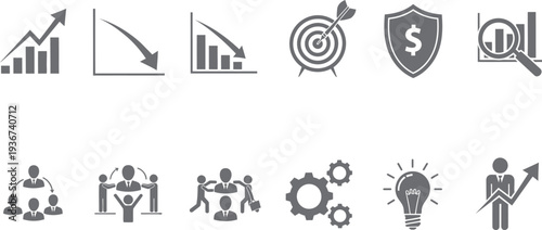 Business and finance icons including growth charts targets and teamwork symbols