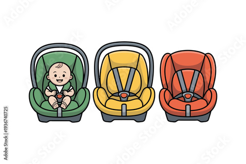 Baby car seat vector illustration with colorful safety chairs