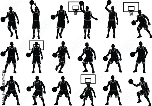 Basketball Player Silhouette Set with Dribbling Shooting and Dunking Actions Collection Isolated on White Background Sports Training Illustration