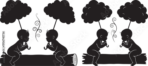 Two babies sitting on a log under a cloud umbrella, holding pacifiers, black and white vector illustration.