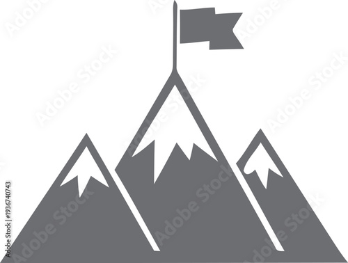 A grayscale illustration of three mountain peaks with a flag on the tallest peak