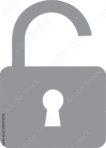 A gray padlock icon with an open shackle and keyhole on a white background