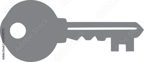 Gray metal key icon with round head and serrated edges