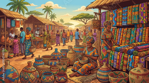African Local Market and Textiles Vector