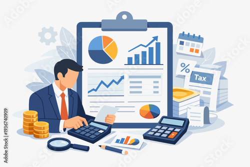 Businessman calculating financial data with charts and graphs on a clipboard, accounting for budget planning, tax report analysis, expense management, and investment strategy vector concept.