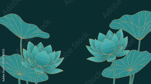 Teal lotus leaves and buds on a dark teal background in a serene botanical illustration