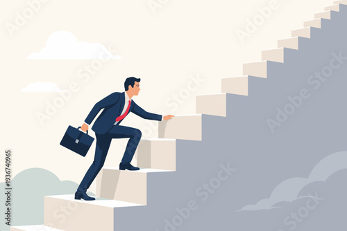 Ambitious Businessman in a Suit Carrying a Briefcase Climbing Giant Stairs Toward Success and Career Growth, Concept of Overcoming Challenges, Professional Ambition, and Reaching Business Goals