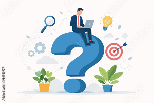 Professional businessman sitting on a large blue question mark using a laptop to find answers. Concept of business problem solving, data analysis, strategic thinking, and finding opportunities.
