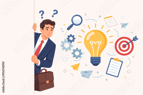 Confused Businessman Peeking Behind Wall Searching for Creative Business Idea and Solution, Frustrated Male Character Looking for Innovation, Strategy, Success, and Problem Solving Illustration.