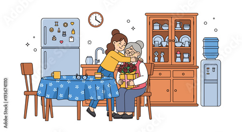 A heartwarming scene of a young woman giving flowers to her grandmother in a cozy kitchen in colorful vector style, perfect for family-themed projects