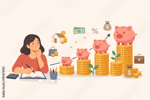 Woman planning personal finances and investment growth with notebook and calculator, visualizing wealth accumulation through rising stacks of gold coins, piggy banks, and home ownership goals.