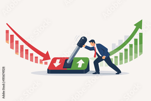 Businessman pulling a lever to switch stock market trend from a falling red arrow to a rising green arrow, symbolizing economic recovery, financial growth, business strategy, and market rebound.