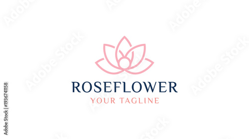 Roseflower logo with a pink lotus emblem, elegant typography, and a tagline placeholder for modern feminine branding.