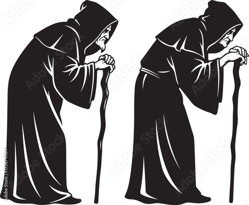 Elderly hooded monk or hermit leaning on a cane, black and white silhouette illustration.