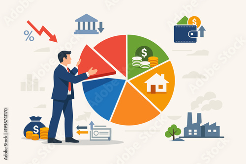 Businessman Adjusting Investment Portfolio Pie Chart for Asset Allocation and Financial Planning, Concept of Diversification, Wealth Management, and Economic Recovery Strategy Flat Vector