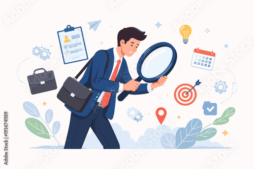 Businessman searching for job opportunities with a large magnifying glass, career development and recruitment concept, professional looking for employment and vacancy, flat vector illustration