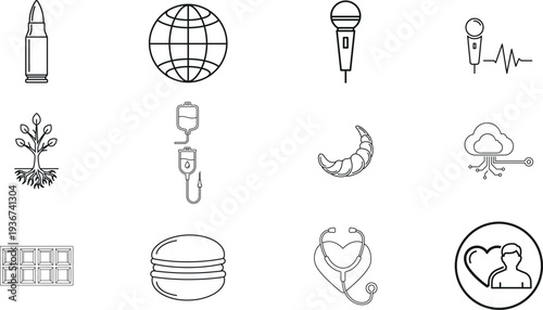 A collection of 10 simple line drawings of various objects and symbols
