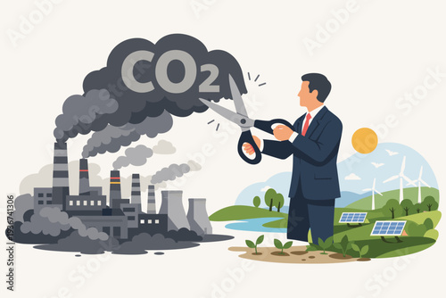 Businessman cutting CO2 emissions with giant scissors to reduce carbon footprint and global warming, transitioning from polluting factory to sustainable green energy with solar panels and wind