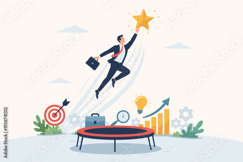 Businessman jumping from a trampoline to reach a golden star, symbolizing career success, growth, and achievement. Includes business tools like target, lightbulb, and growth chart background.